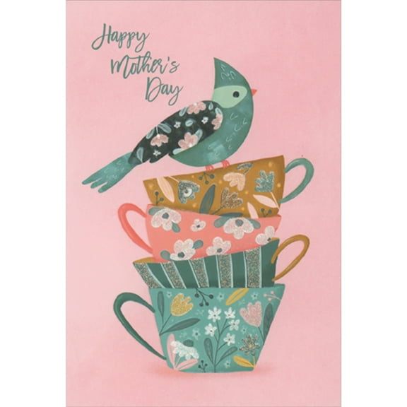 Pictura Bird with Floral Patterned Wings on Stack of Four Teacups Mother's Day Card