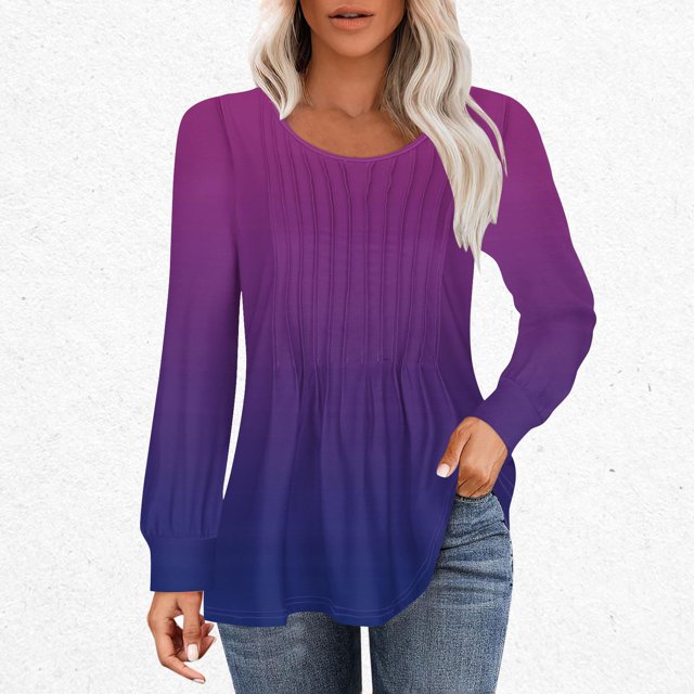 RXIRUCGD Hauts à Manches Longues Dégradées pour Femmes, Mode Décontractée, Col Rond Plissé, Violet, Taille : S