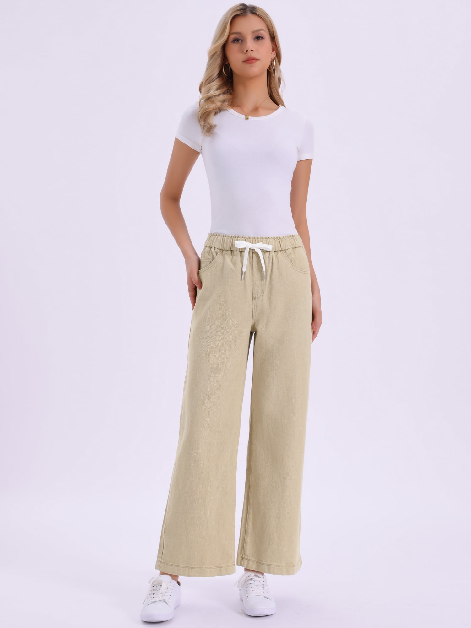 DARING DIVA Women's Trendy Elastic Waist Wide Legs Drawstring Jeans L Khaki