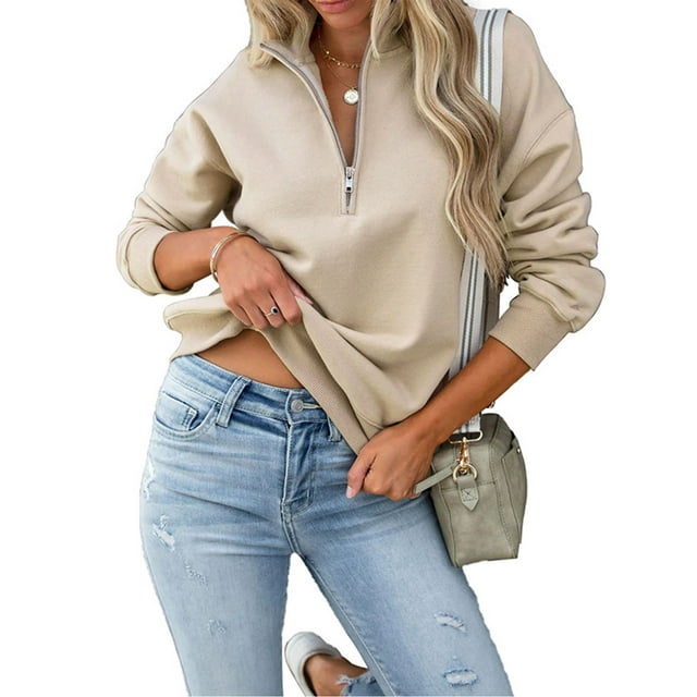 Jersey con media cremallera Manga larga Color puro Ajuste holgado Mujer elegante Top informal Color arena S