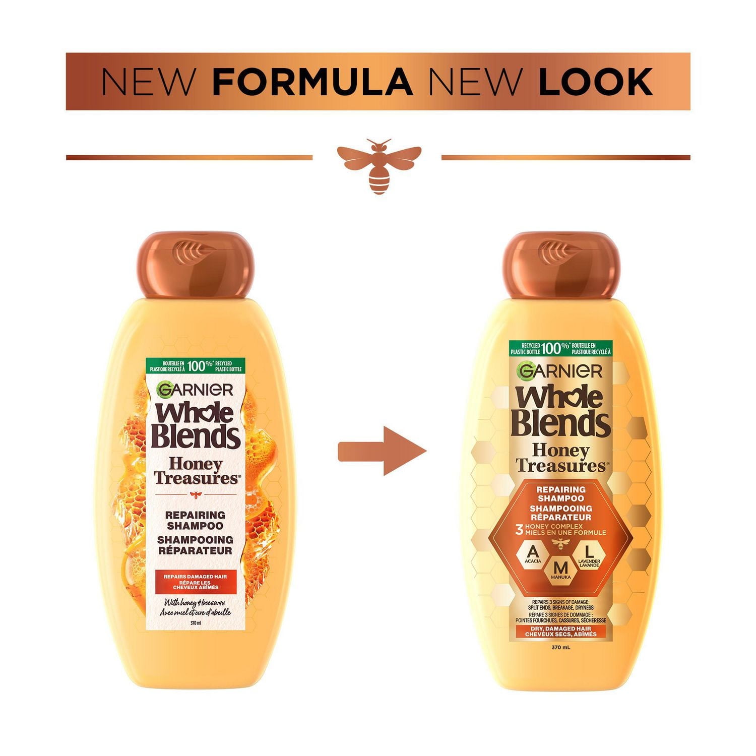 Garnier Whole Blends Honey Treasures Shampooing Réparateur pour Cheveux Secs et Abîmés, 370ml Répare les cheveux abîmés