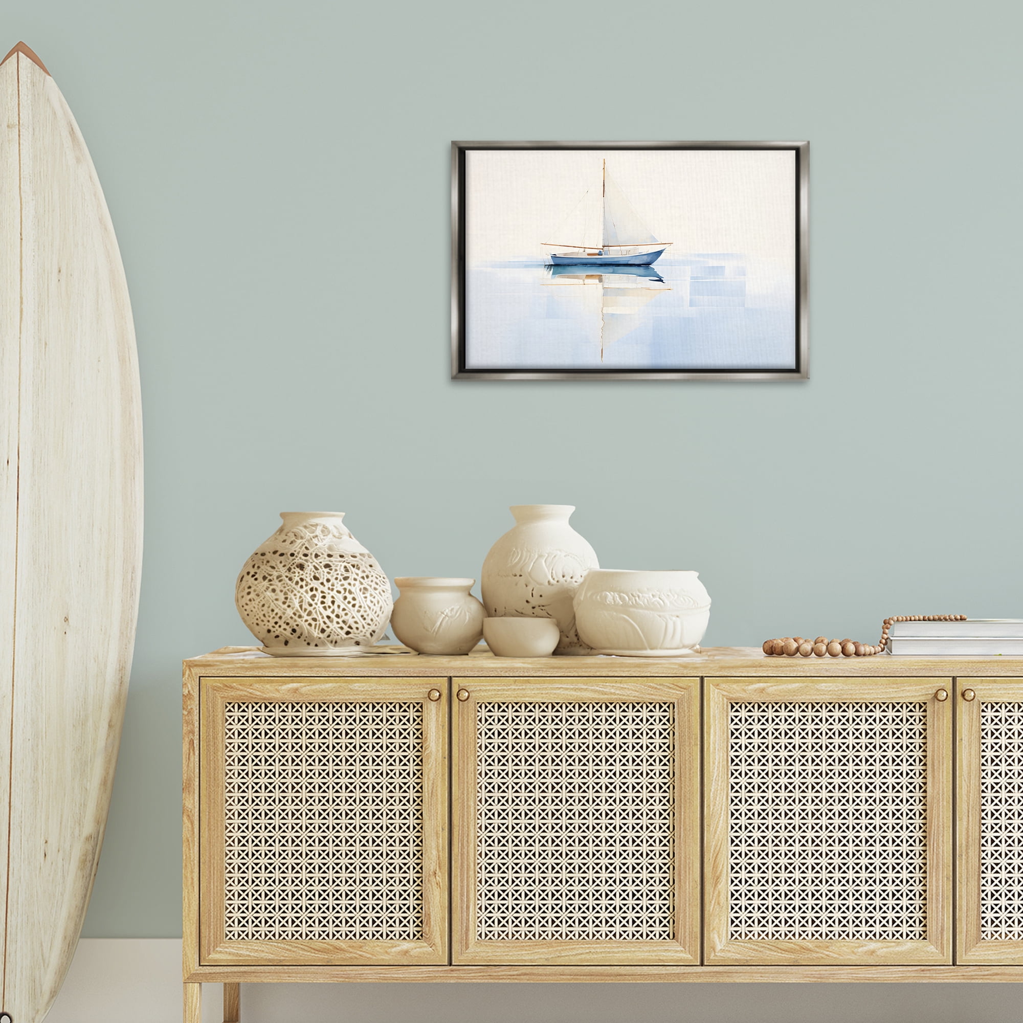 Stupell Industries Reflective Sails View Nautical & Beach Painting Gray Floater Framed Canvas Art Print Wall Art, 25 x 17