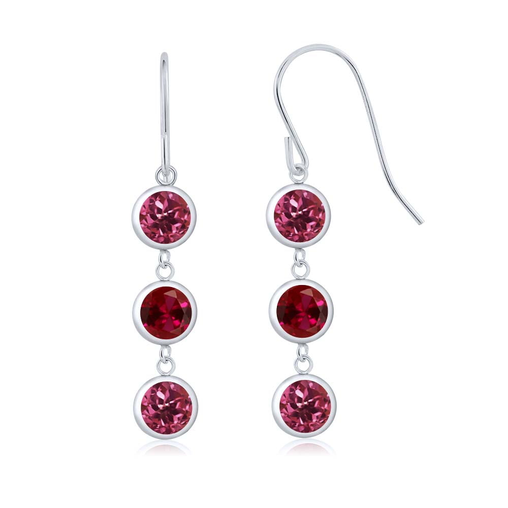 3.20 Ct Round Pink Tourmaline Red Created Ruby 925 Sterling Silver Earrings by