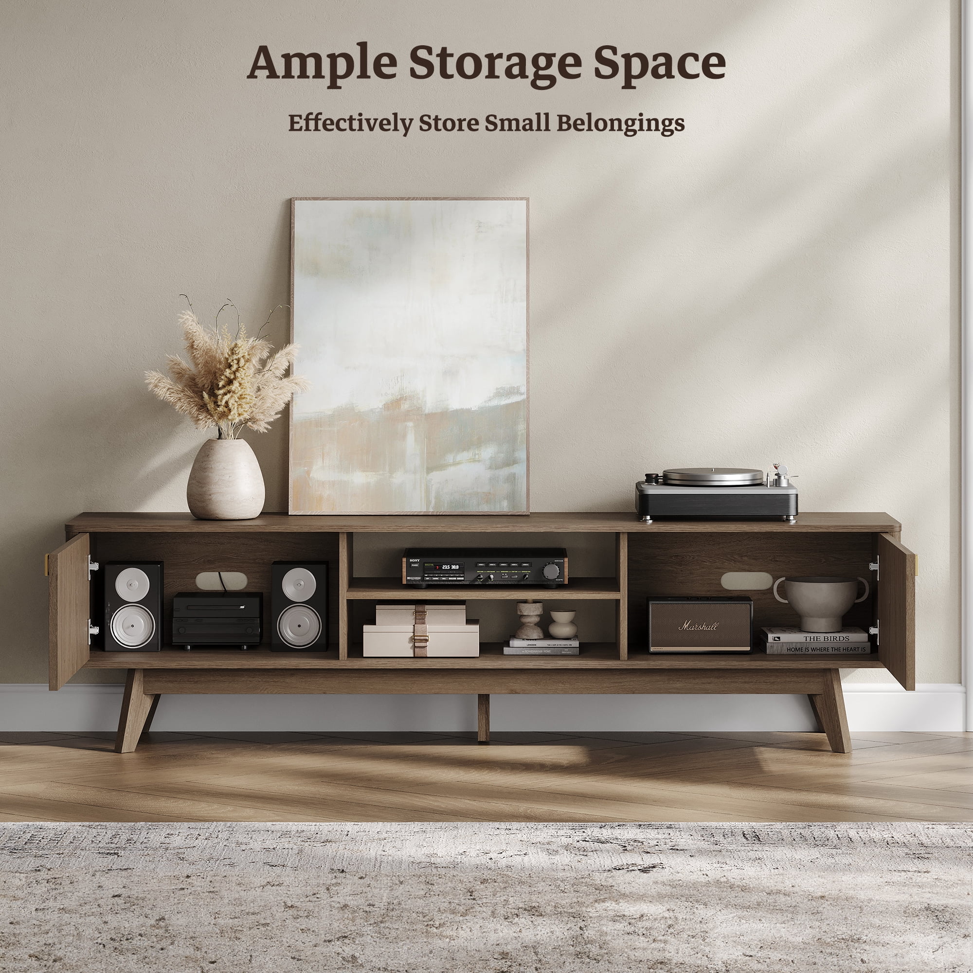 SICOTAS 70.1" Extra Long Modern TV Stand, Minimalist Console Table with 2 Fluted Doors, 3-Tier Storage Shelves, Long Entertainment Center for Living Room, Coffee Oak