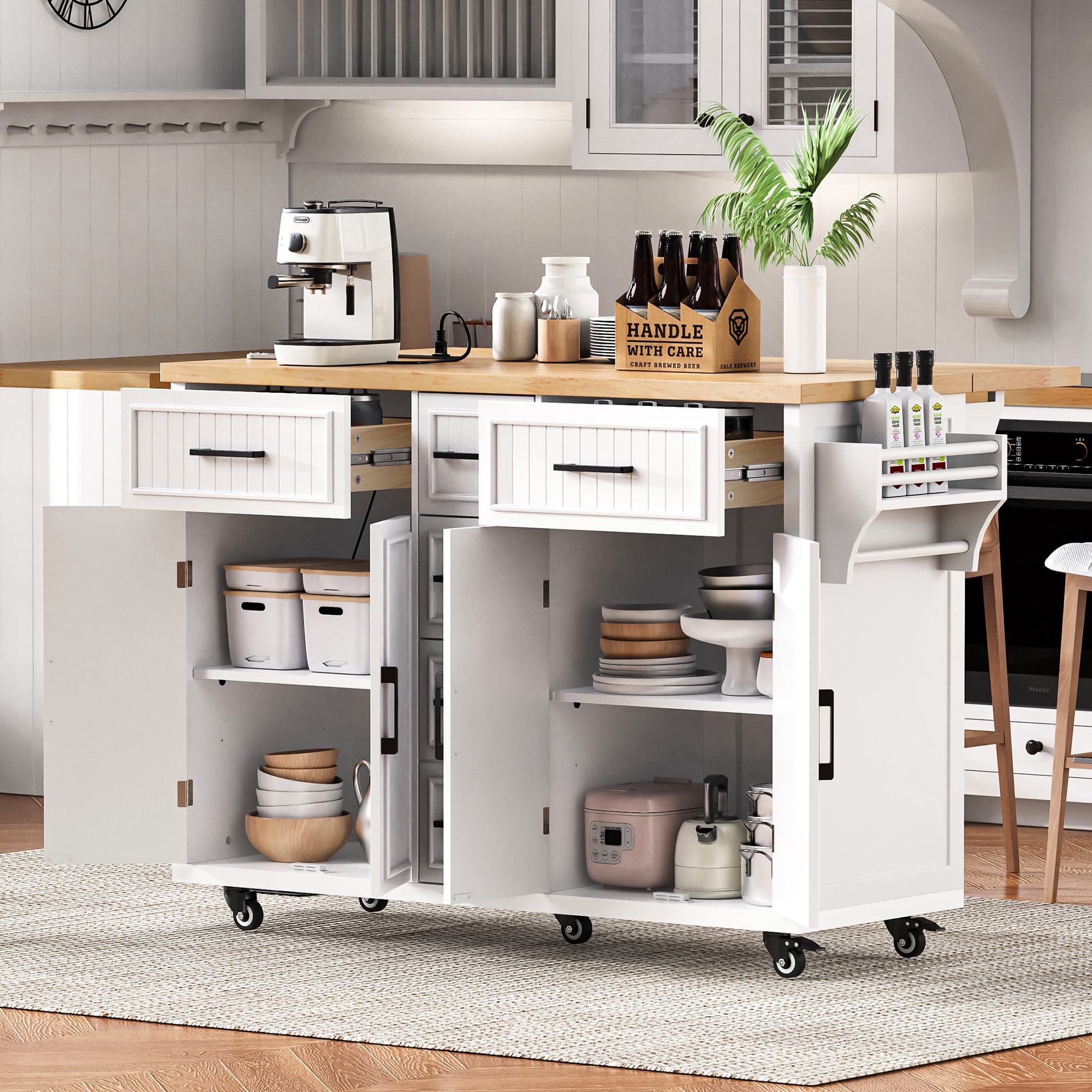 Mintazer 56.5" Vertical Stripe Kitchen Island Cart with Drop Leaf & Power Outlet and Adjustable Shelves, Rolling Kitchen Island Table with 5 Drawers, 2 Cabinets & Spice Rack for Dining Room, White