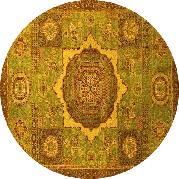 Ahgly Company Machine Washable Indoor Round Oriental Yellow Modern Area Rugs, 6' Round