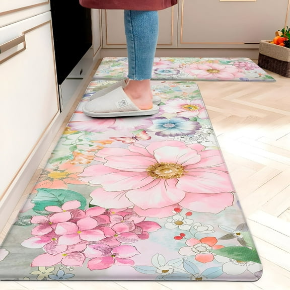 LAMIRO Pink Floral Kitchen Rug Mats Set of 2 Boho Flower Anti Fatigue Kitchen Mats for Floor Non-Slip Cushioned Kitchen Floor Mat Comfort Standing Memory Foam Mat Waterproof PVC (17.3X 28 17.3X 47)