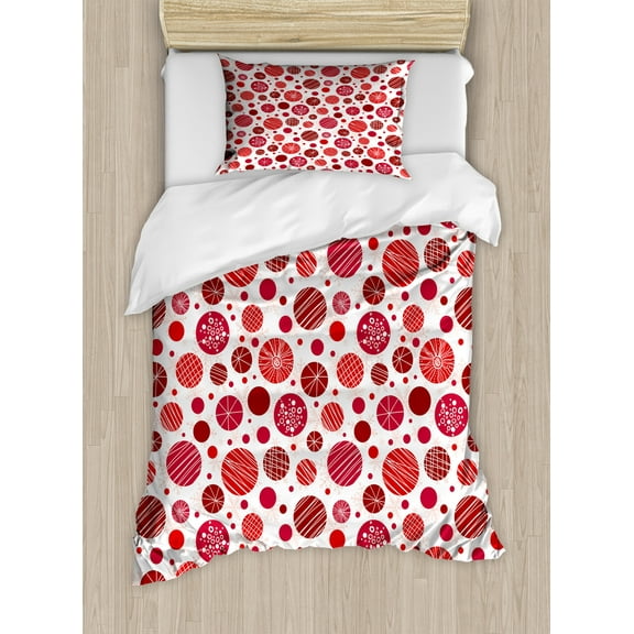 Abstract Duvet Cover Set, Grids Lines Round Shapes and Circles Snowflake Motifs Print, Decorative 2 Piece Bedding Set with 1 Pillow Shams, Twin Size, White Dark Pink, by Ambesonne