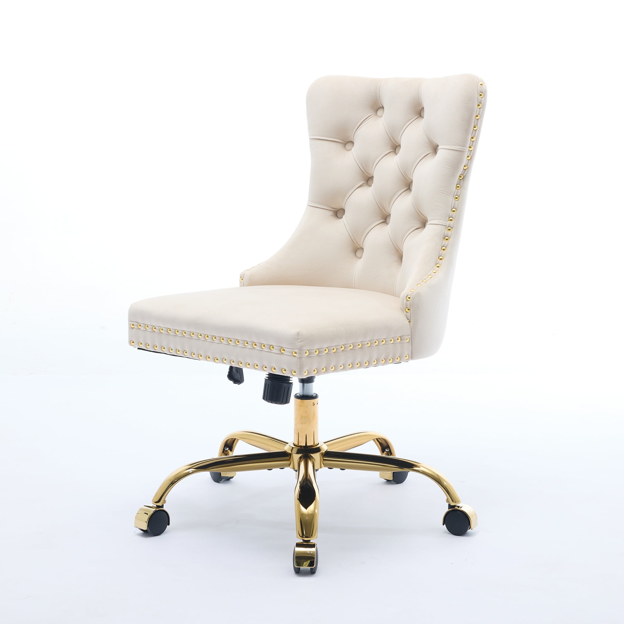 Furniture Office Chair, Modern Velvet Upholstered Tufted Button Home Office Chair with Golden Metal Base,Adjustable Desk Chair Swivel Office Chair (Beige)