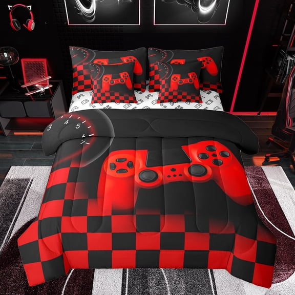 Castle Fairy Red Gamepads Twin Bedding Sets 7-Piece for Boys Girls,Geometric Plaid Grid Bedding Comforter Set Microfiber,Video Game Breathable Sheet Sets,Ultra Soft Home Decor,Reversible