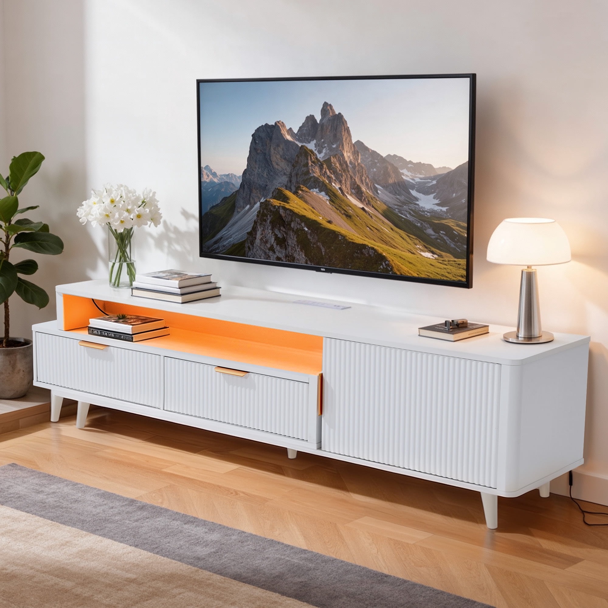 Uforic Extendable TV Stand for 100 Inch TV, Modern Fluted Entertainment Center with LED Light & Power Outlet, Freestanding Media Console with 1 Drawer & 2 Storage Cabinets, White