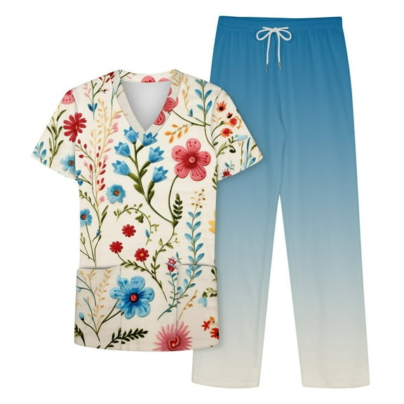 NAMTYQX Scrubs for Women Set 4-Way Stretch Casual V Neck with Pockets Scrub Top & Jogger Pant Short Sleeve Beige Size L