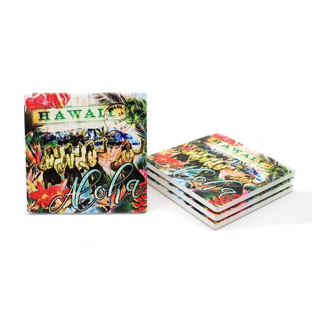1910 Postage - Hawaii Hangover Island Style 4 Piece Set Ceramic Hawaii Coasters in Postage Hula Girls 2