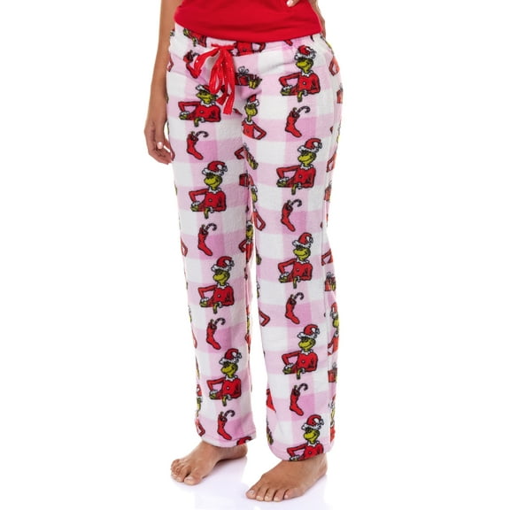 Dr. Seuss The Grinch Pajamas Women's Pink Buffalo Santa Plush Lounge Sleep Pants