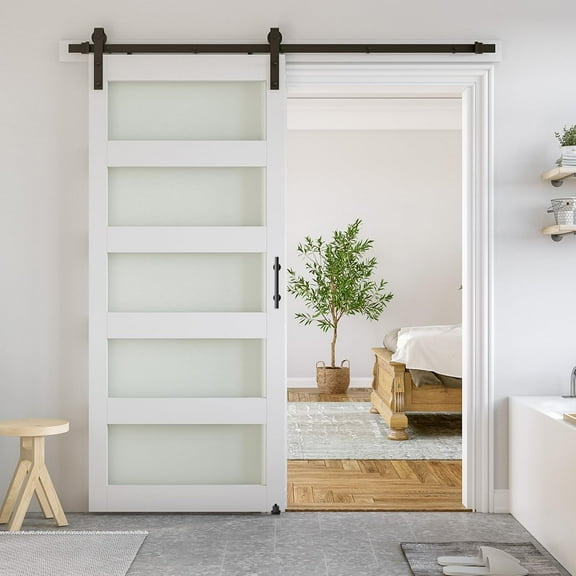 SmartStandard 36 x 84 in Glass Barn Door with 6.6FT Sliding Hardware Kit & Handle, Pre-Drilled Ready to Assemble, Waterproof PVC Coating, White, 5-Panel Glass