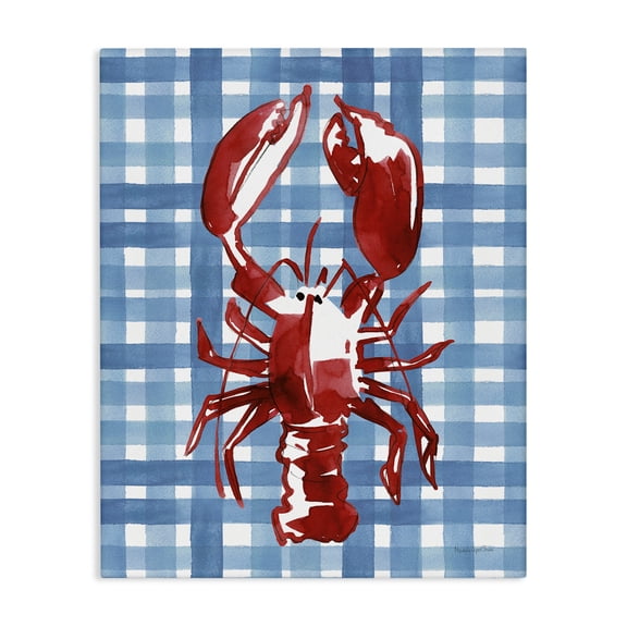 Stupell Industries Coastal Lobster on Plaid Animals Painting Wrapped Canvas Art Print Wall Art, 16 x 20