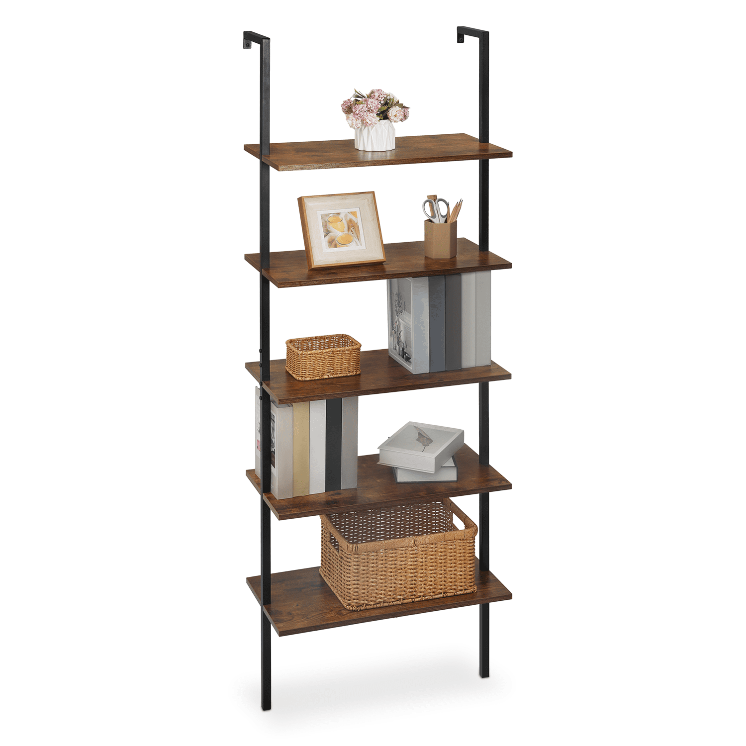 MoNiBloom 5 Shelves Wall Mounted Bookcase, 72" Metal Frame Ladder