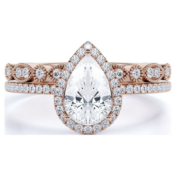 JeenMata 1.25 Carat pear cut Moissanite Wedding Ring Set in 18k Rose Gold Over Silver