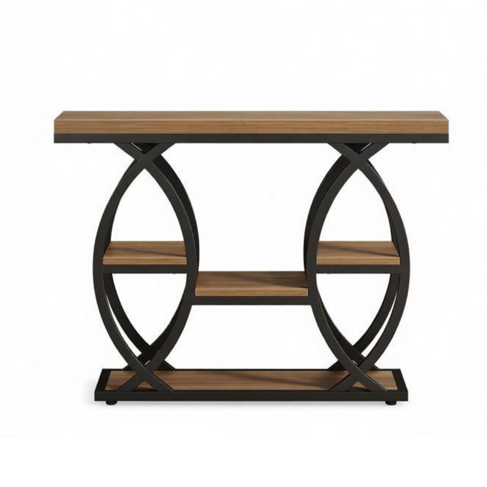 4-Tier Industrial Console Table, Rustic Top with Geometric Metal Frame, Narrow Entryway Sofa Table with Anti-Tip Device & Adjustable Foot Pads for Home Decor