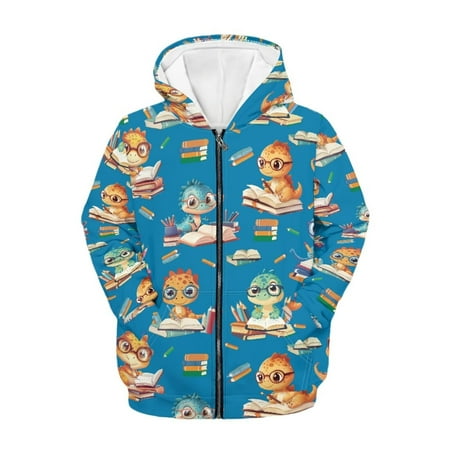 Uourmeti Books Dinosaur Pattern Comfy Hooded Sweatshirt for Girls Long Sleeve with Pockets Trendy Casual Loose Fall Top Size 12-14