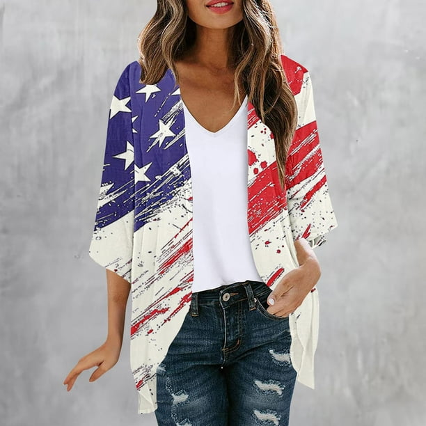 Cárdigan de mujer Cárdigan con estampado del Día de la Independencia Primavera y verano Abrigo estampado de manga larga para mujer