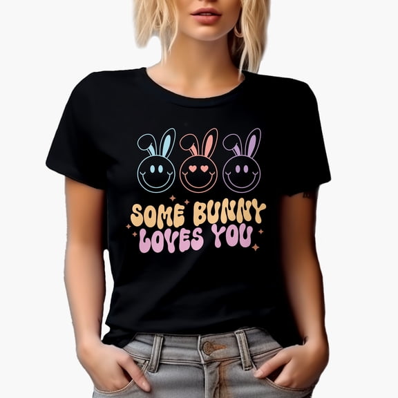 Some Bunny Loves You, Retro Easter Sunday Rabbit Art Favor or Merch Gift, Black T-Shirt, Small