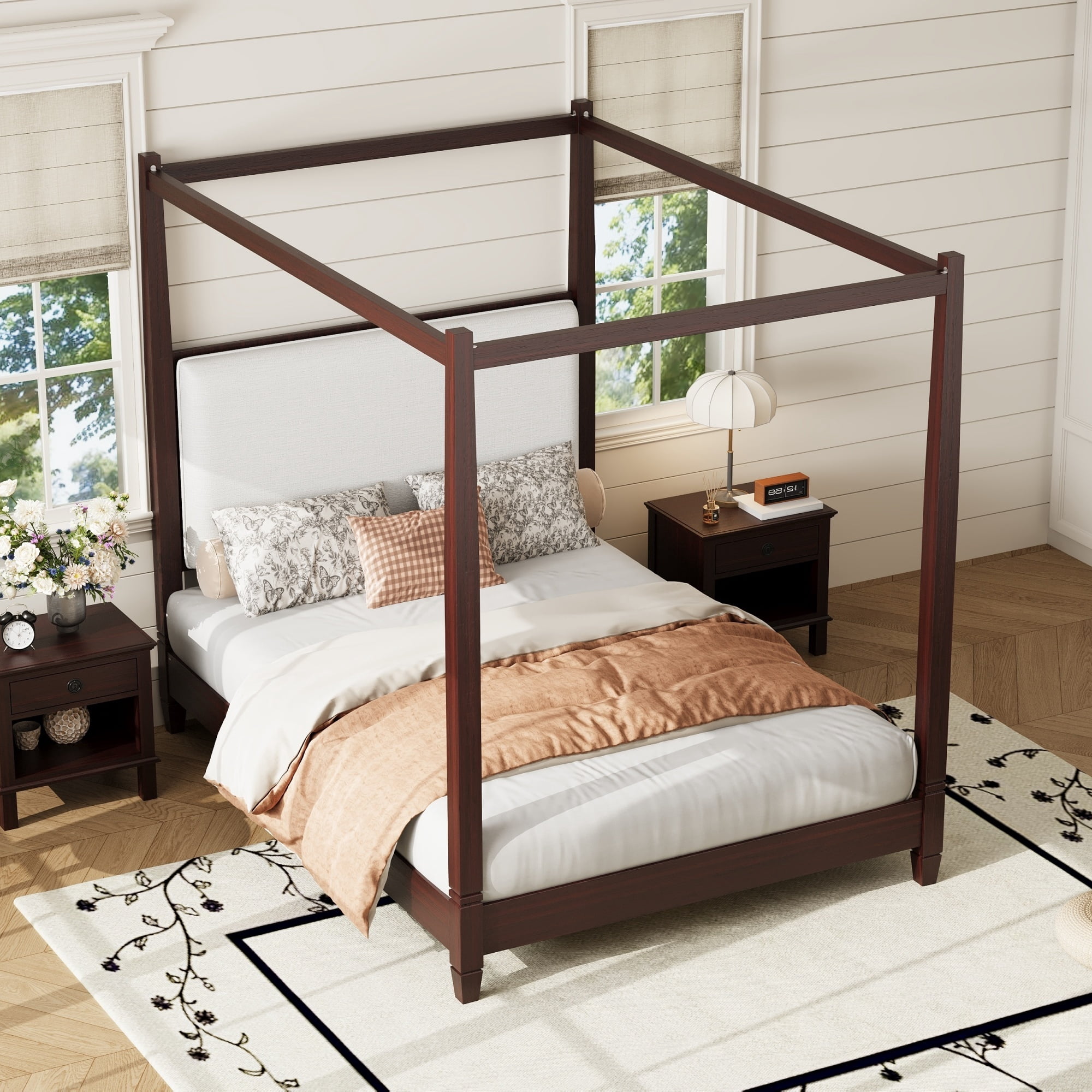 Euroco Wood Queen Size Canopy Platform Bed with Upholstery Headboard, Espresso