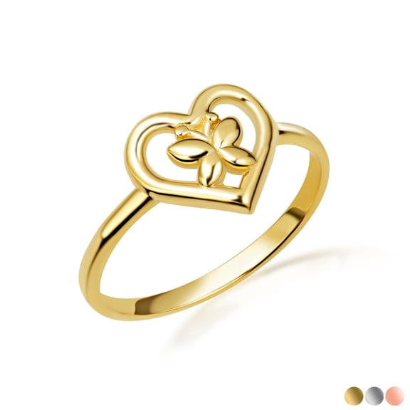 Solid Gold Butterfly Heart Love Ring / Size 4