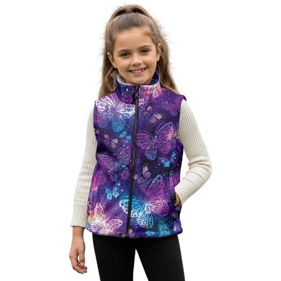 Pzuqiu Butterfly Girls Sleeveless Vests Toddler Girl Clothes Size 2 Fashion Practical Winter Lightweight Sleeveless Fleece Jacket with Pocket Full Zip Soft for Everyday Wear