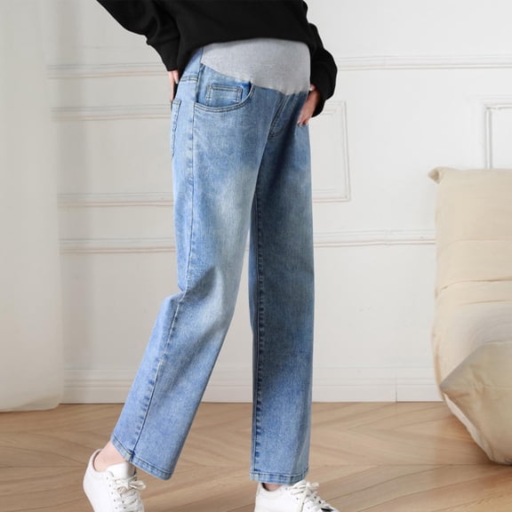 BRGZLK Women's Maternity Jeans Over The Belly Fashion High Waist Belly Support Loose Fit Elastic Straight-Leg Denim Long Pants with Pockets Light Blue XL