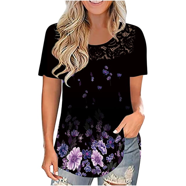 Pompotops Mode Femmes O-Cou Impression Décontractée Dentelle à Manches Courtes T-shirt Tops