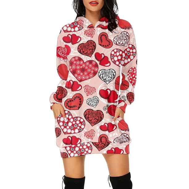 Vestido de manga larga suelto con capucha a la moda con estampado de amor para mujer Fridja NMB2922