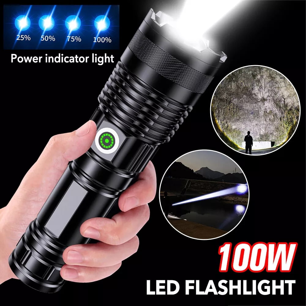 Super Bright LED Flashlights Rechargeable, 100000 Lumens XHP70 Tactical Flashlight, High Lumens 5 Modes Zoomable Waterproof Handheld Flashlights for Emergency Hiking Hunting Camping