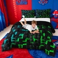 thumbnail image 3 of meiyoeat Classic Geometric Checkered Full Size Comforter Sets For Kids,Gradient Neon Blue Green Bedding Comforter Set For Boys,Black Reversible,3-Piece, 3 of 7