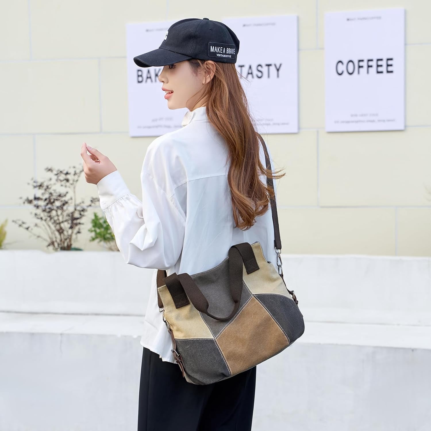 Women's Canvas Tote Purse for Work,Medium Casual Multi Pocket Crossbody Tote Bag with Shoulder Strap