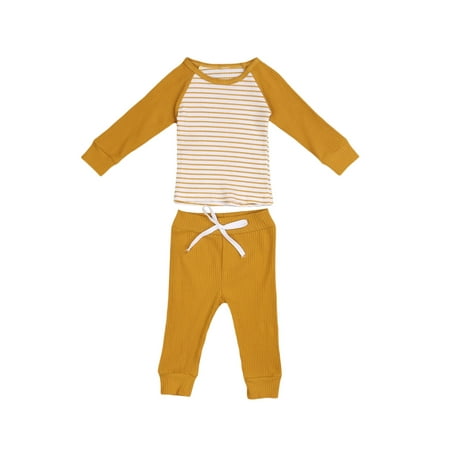 

Fanvereka 2Pcs Baby Autumn Spring Clothes Set Round Neck Long-Sleeved Striped Stitching Top + Drawstring Trousers