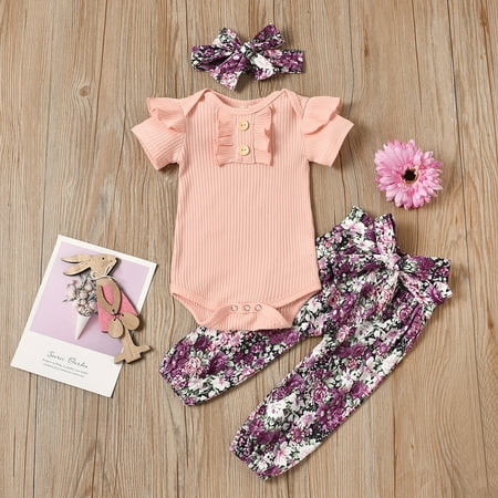 

Hunpta Baby Girls Short Sleeve Frilly Knitted Romper+Flower Pants+Headband Set Outfits