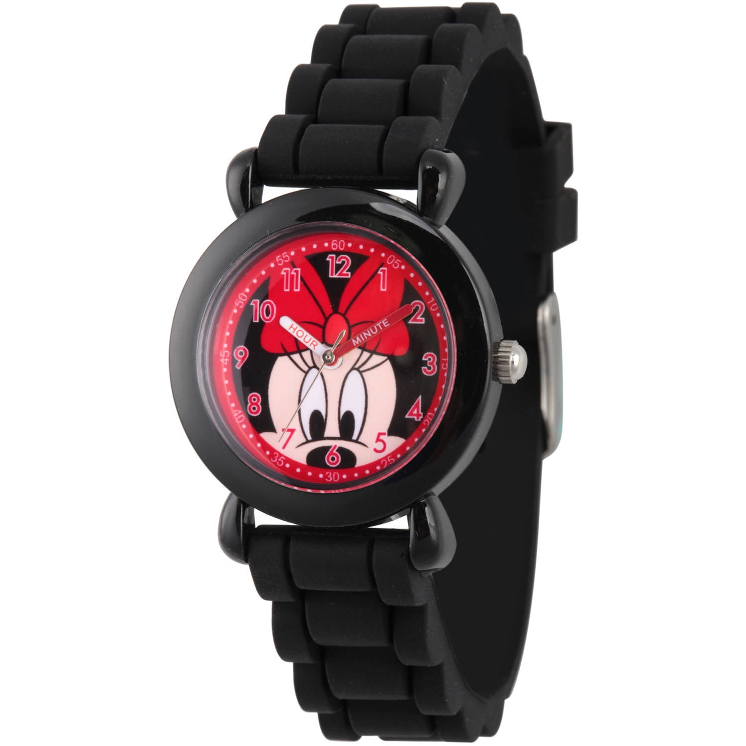 Minnie Mouse Girls' Black Plastic Time Teacher Watch, Black Silicone Strap