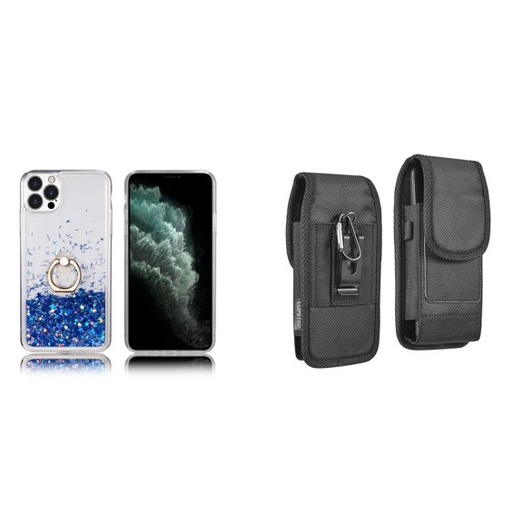 Waterfall Liquid Glitter Stand Case and Belt Holster Pouch for iPhone 14 Pro - Blue