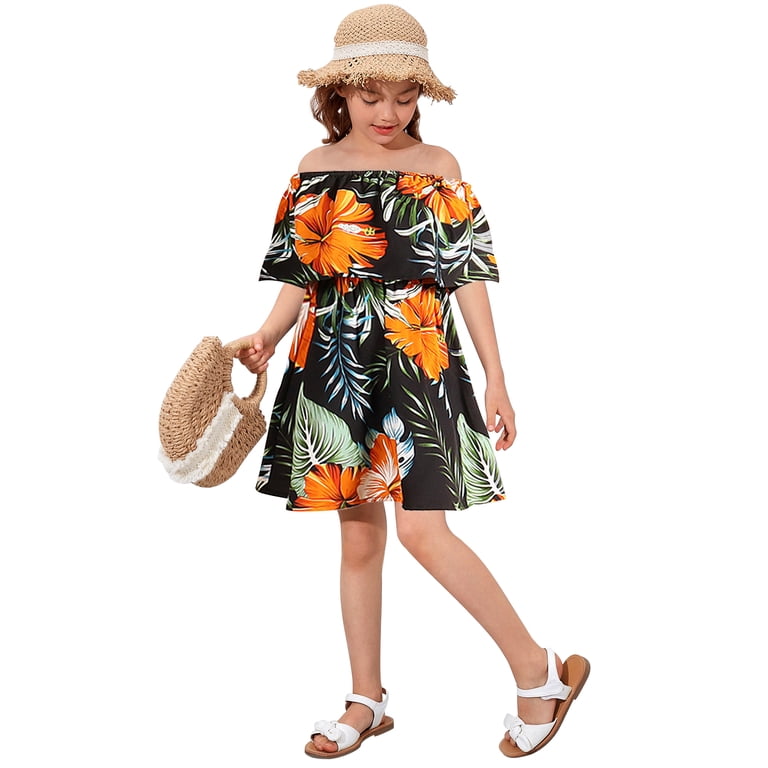 mom and me beach dresses FYMNSI Womens Dress Summer Hawaii Off the Shoulder Dress Mommy Family Matching Outfits XL Adjustable shoulder straps for vestido blanco para bebé Whispering Wishes Mesh Mini Color:Blue / Green Print