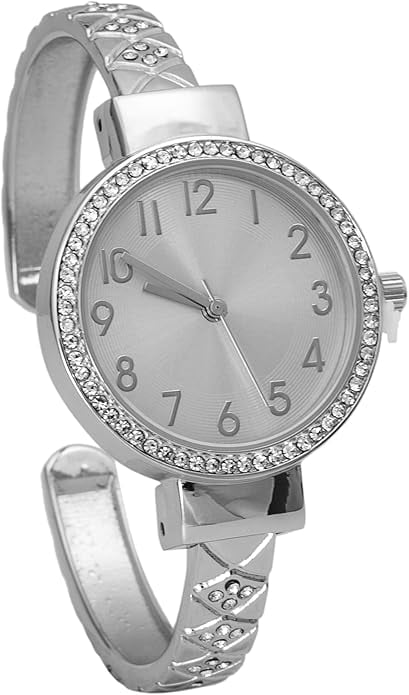 Blekon Collections Womens 32mm Case Plaided Designed Rhinestone Cuff Bangle Watch (Silver)