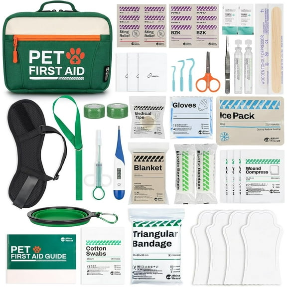 RHINO RESCUE Pet First Aid Kit, Emergency Medical Supplies for Dogs & Cats, Safety Essentials Pack with Thermometer, Disposable Booties for Home, Hiking, Traveling & Camping