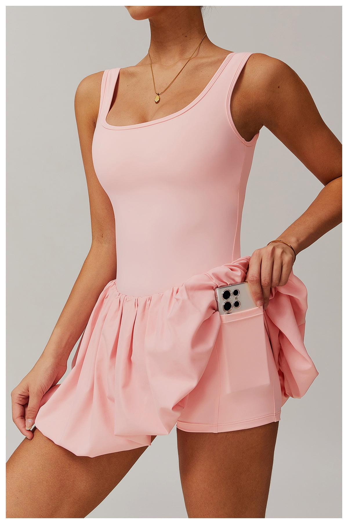 PISONIC Womens Tennis Golf Dress with Built-in Bra Shorts Backless Square Neck Mini Puffy Skirt Athletic Dresses with Pockets