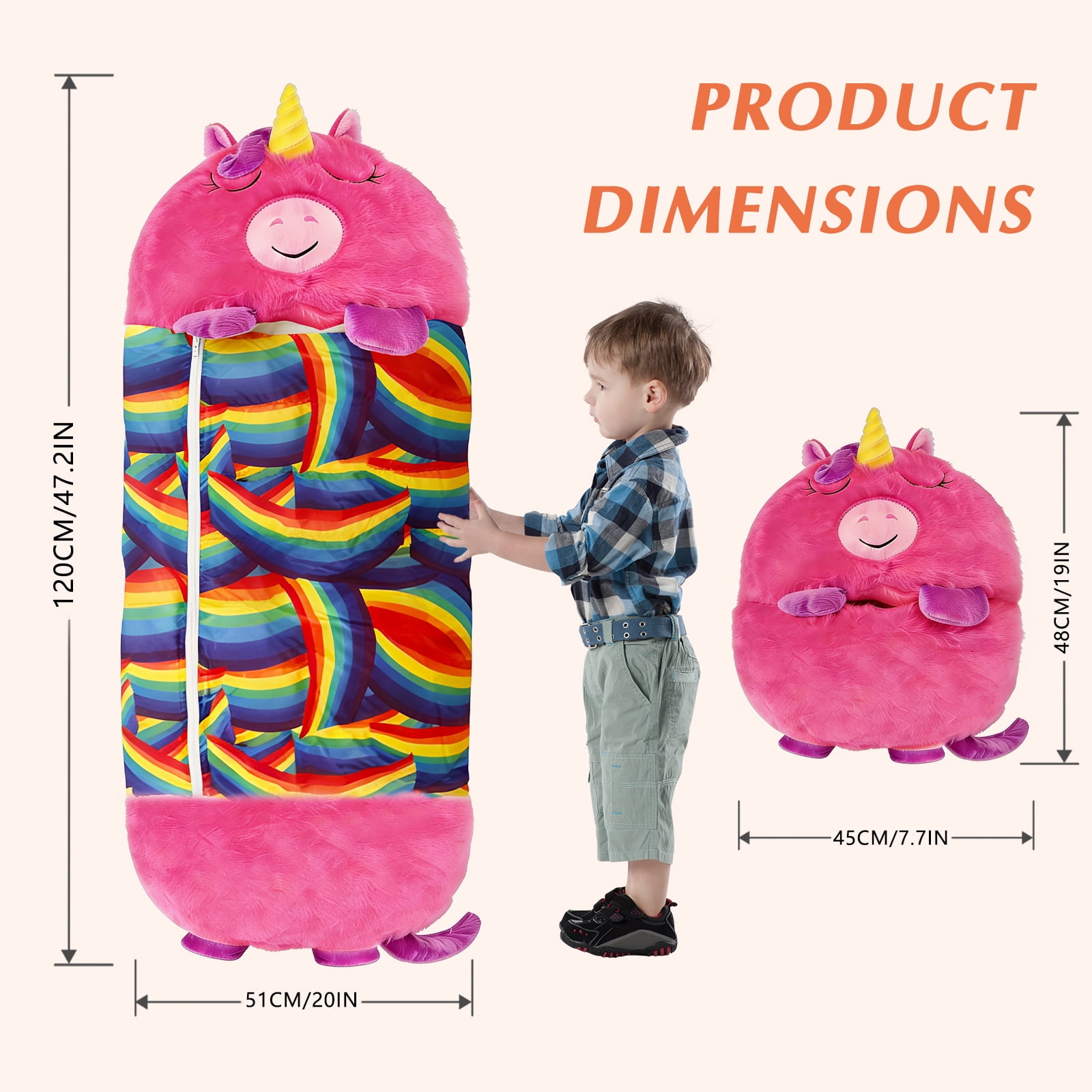 Kids Unicorn Sleeping Bag with Pillow - 2-in-1 Foldable, All Seasons, Soft & Warm (45"x19")-Pink
