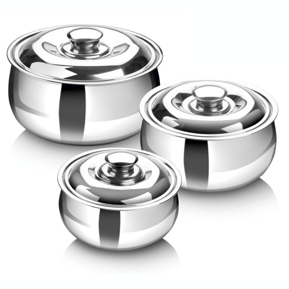 Juego de 3 cacerolas grandes aisladas Signora Ware con tapa. Calentador/enfriador de alimentos de acero inoxidable para sopa/ensalada. Recipiente térmico de acero inoxidable para alimentos calientes.