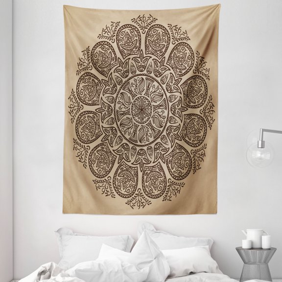 Brown Mandala Tapestry, Abstract Round Mandala Designed with Flower Leaves and Stems Elements, Wall Hanging for Bedroom Living Room Dorm Decor, 60W X 80L Inches, Tan and Brown, by Ambesonne