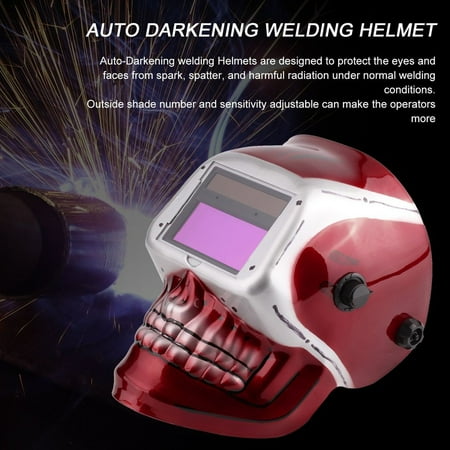 Solar Powered Pro Auto Darkening Welding Helmet Arc Tig Mig Mask Grinding Welding Mask with Red Skull Pattern