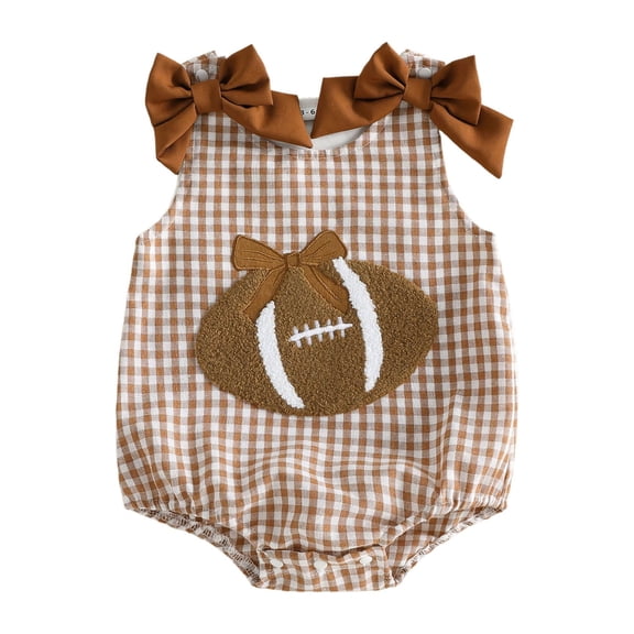 RUINIXCW Newborn Baby Girl Football Outfit Gingham Plaid Bubble Romper Overalls Infant Baby Girl Clothes Casual Rugby Embroidery Bows Sleeveless Bodysuit Jumpsuit