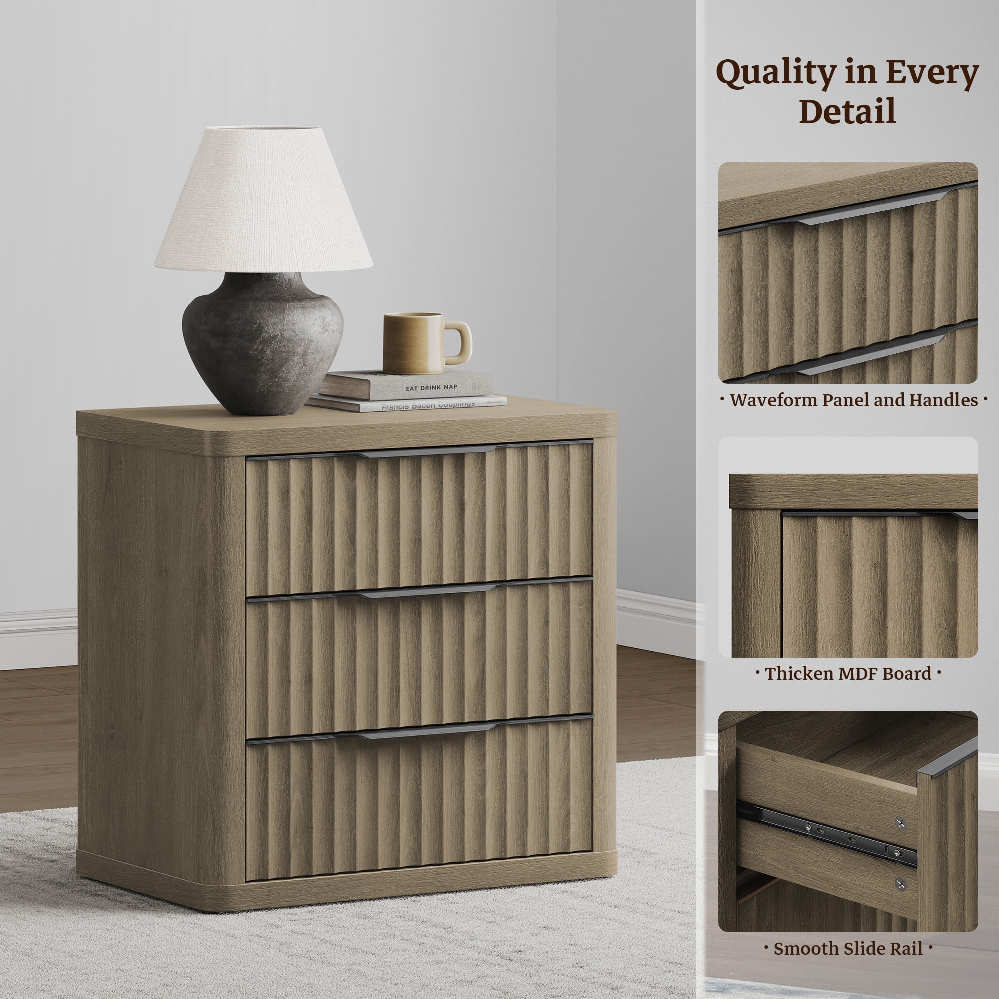 SICOTAS 26"H Tall Farmhouse 3 Drawer Nightstands Set 2, Small Modern Wood Bedside Table with 3 Fluted Drawers & Black Handles, Chest of Drawers, End Table for Bedroom Living Room Entryway, Grey Alder
