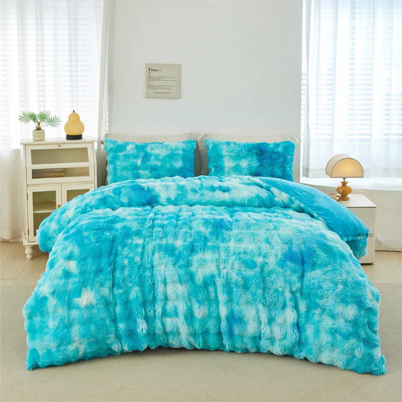 RYNGHIPY Fuzzy Comforter Set for Girls Queen 3pcs Faux Fur Bedding Set Tie Dye Teal Plush Bed Comforter Set Winter Bubble Bedding with Pi1lowcases